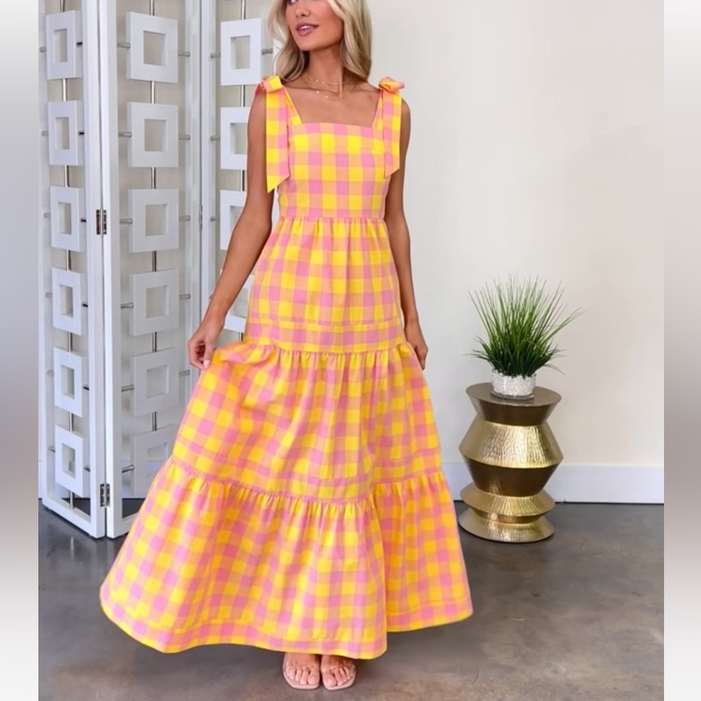 AURA Sunny Strolls Yellow And Pink Gingham Maxi Dress Size XS